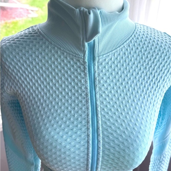 Light Blue Textured Activewear Pong Sleeve Full Zip Shirt - Picture 3 of 7
